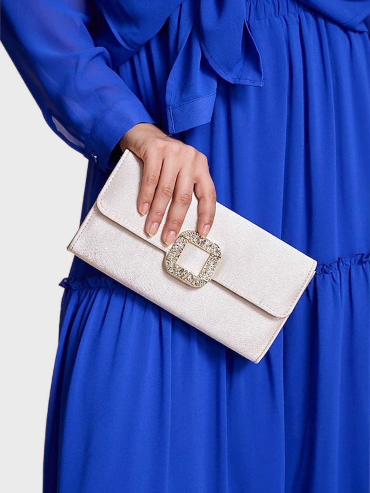 Elegant Black Satin Clutch Featuring a Rhinestone Buckle