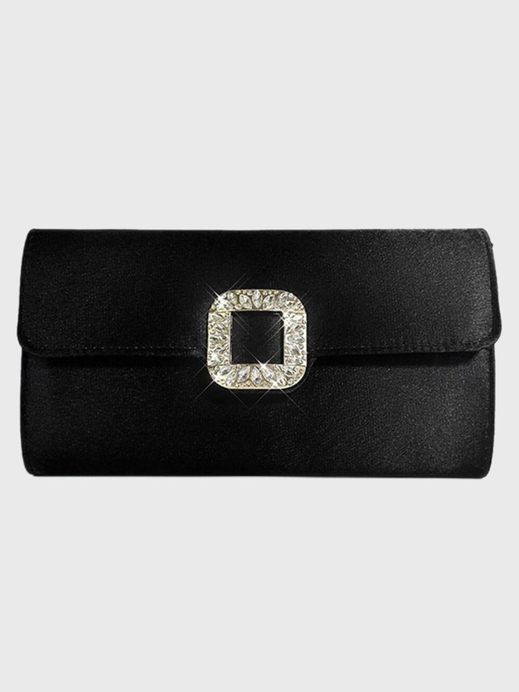 Elegant Black Satin Clutch Featuring a Rhinestone Buckle