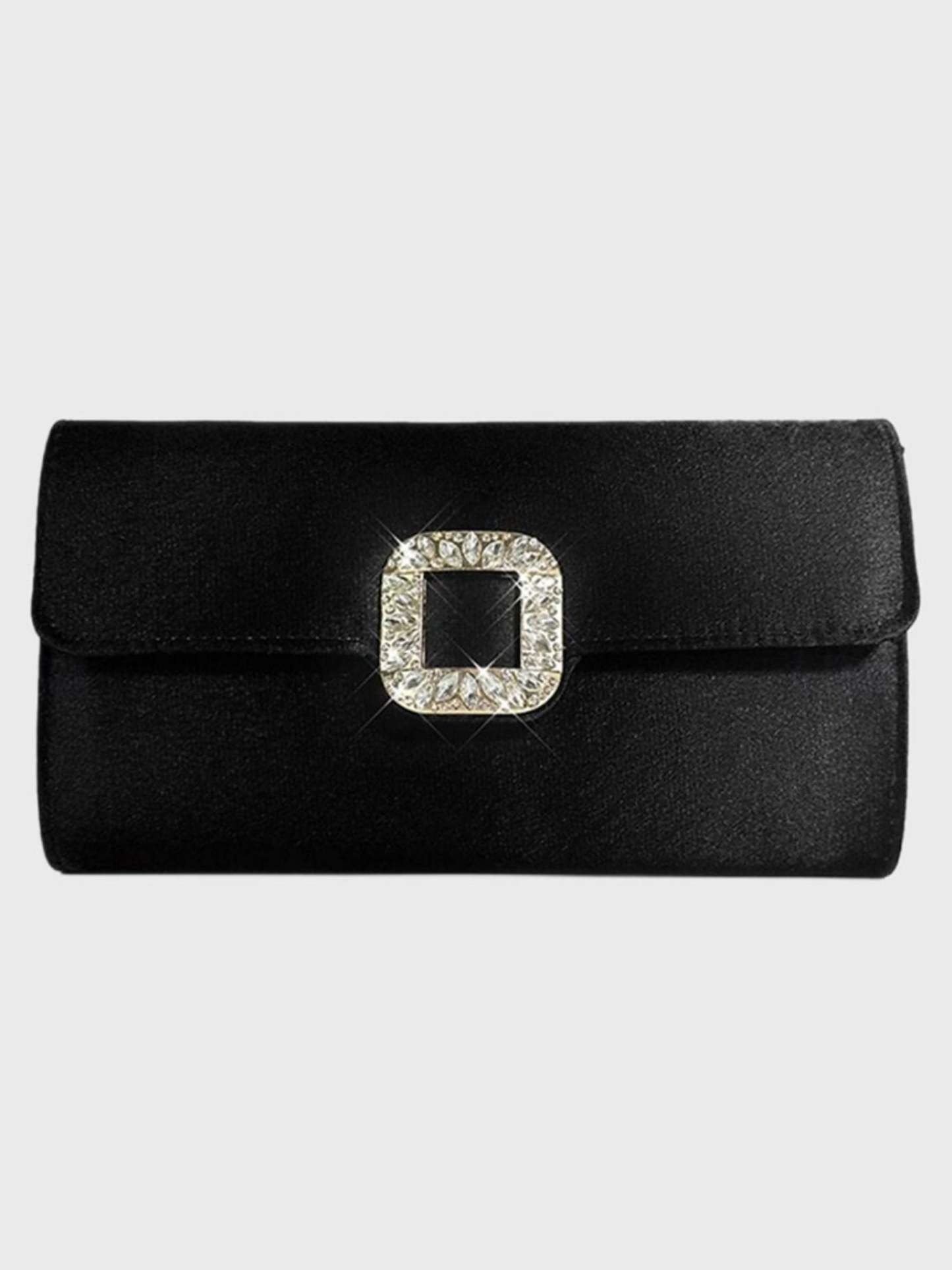 Elegant Black Satin Clutch Featuring a Rhinestone Buckle