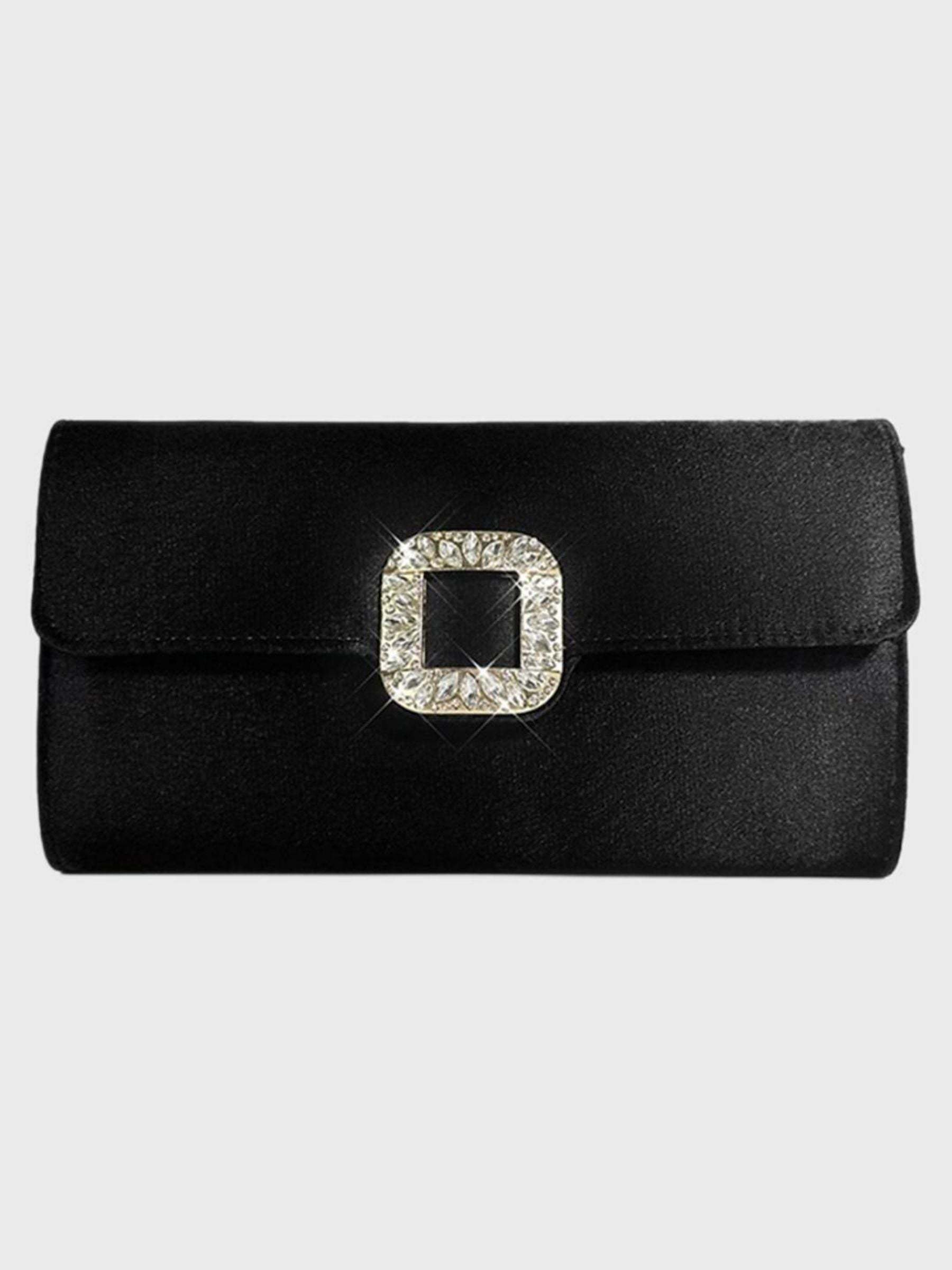 Elegant Black Satin Clutch Featuring a Rhinestone Buckle