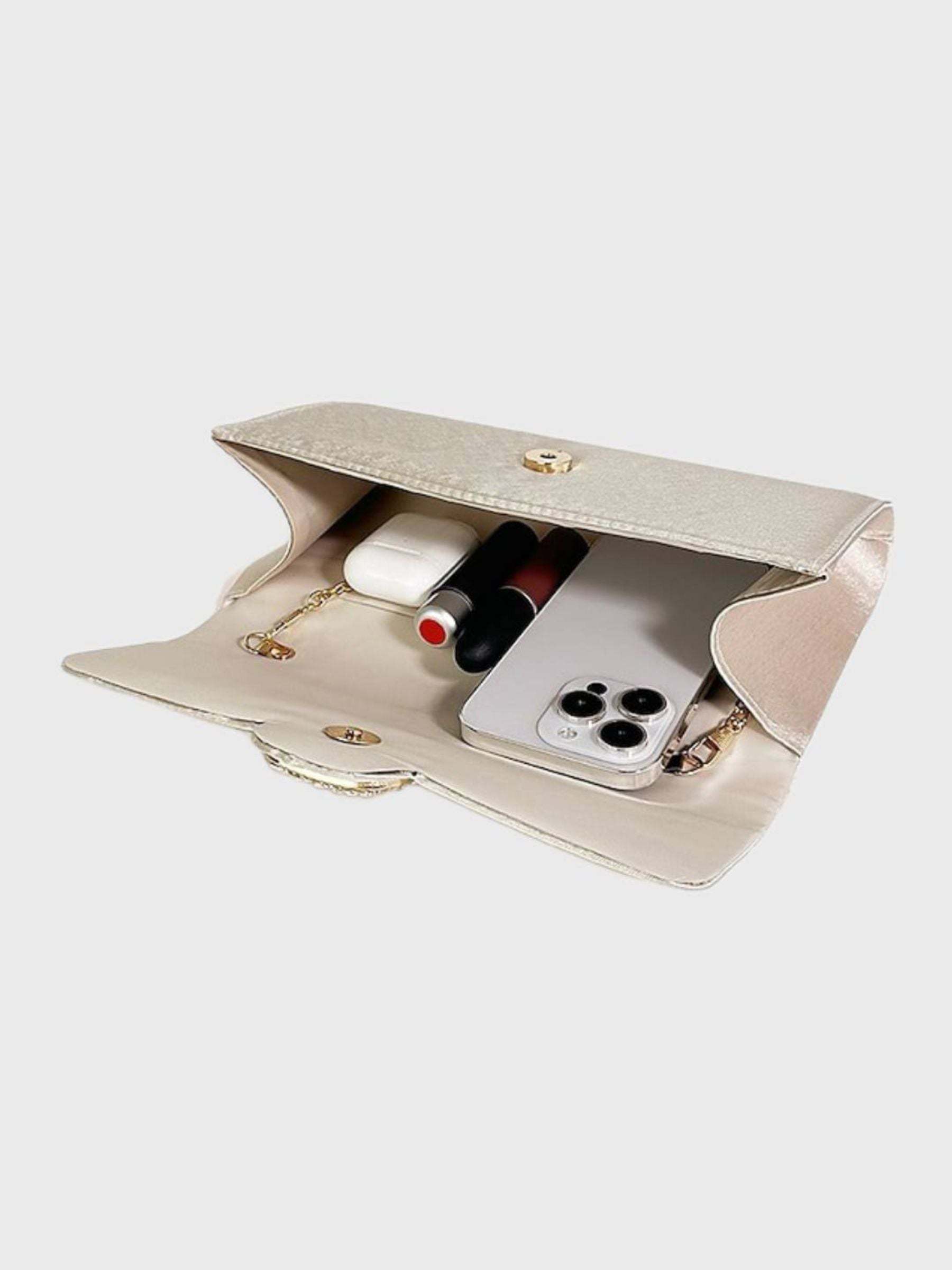 Elegant Black Satin Clutch Featuring a Rhinestone Buckle