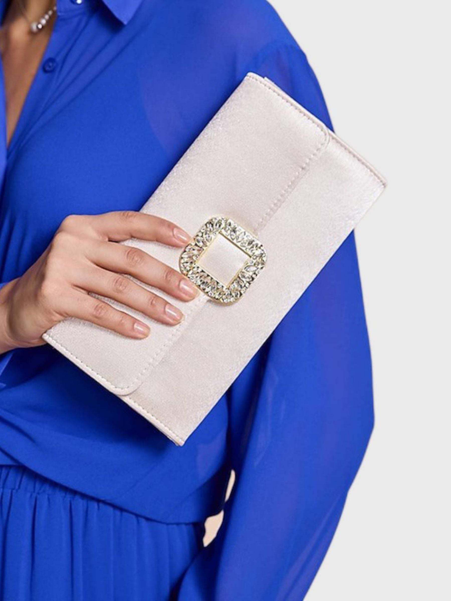 Elegant Black Satin Clutch Featuring a Rhinestone Buckle