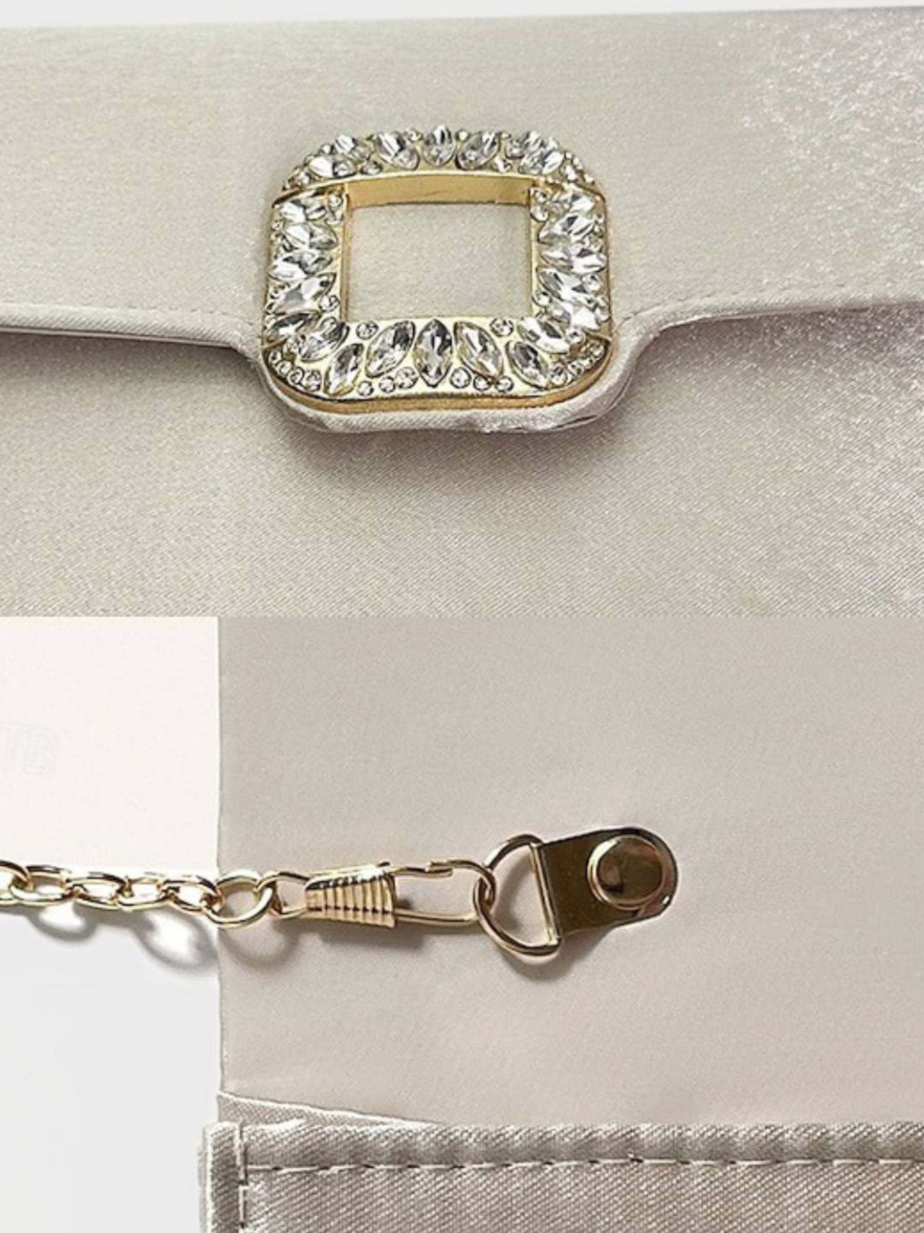 Elegant Black Satin Clutch Featuring a Rhinestone Buckle