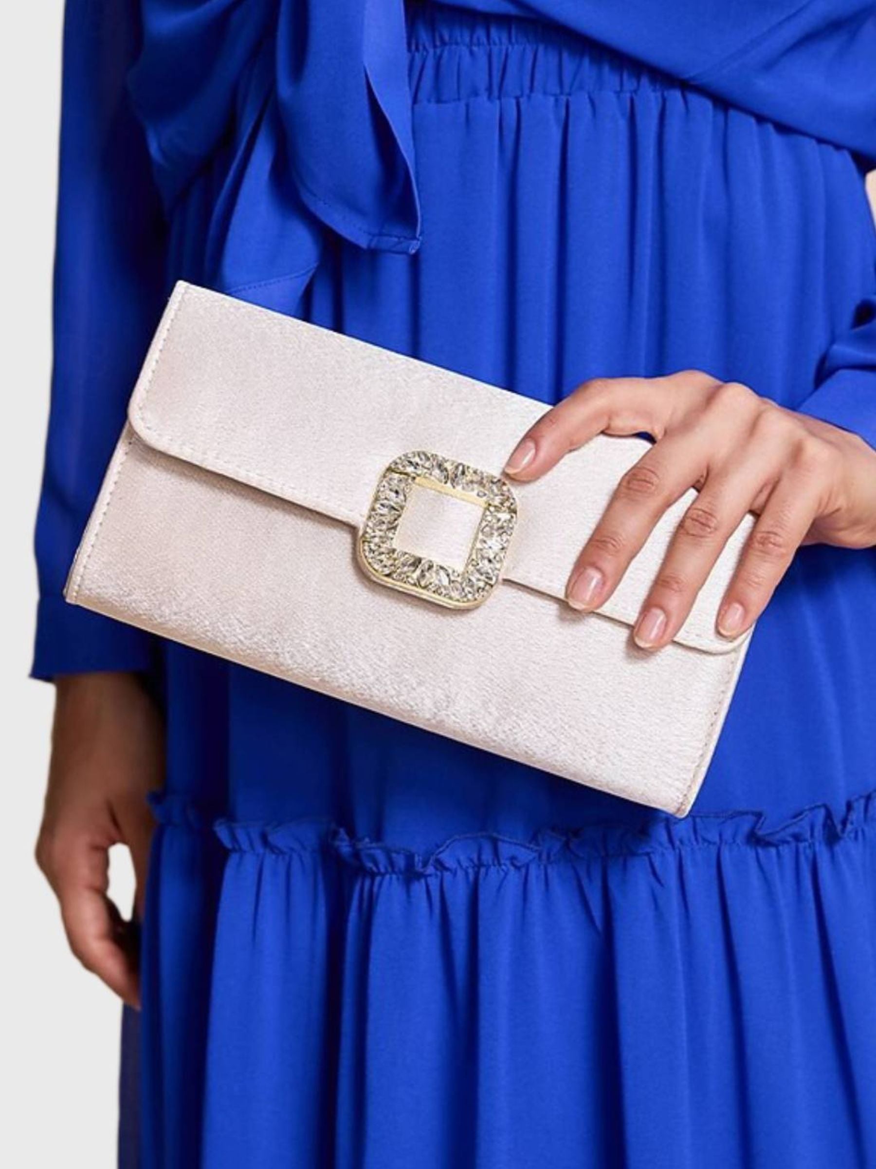 Elegant Black Satin Clutch Featuring a Rhinestone Buckle