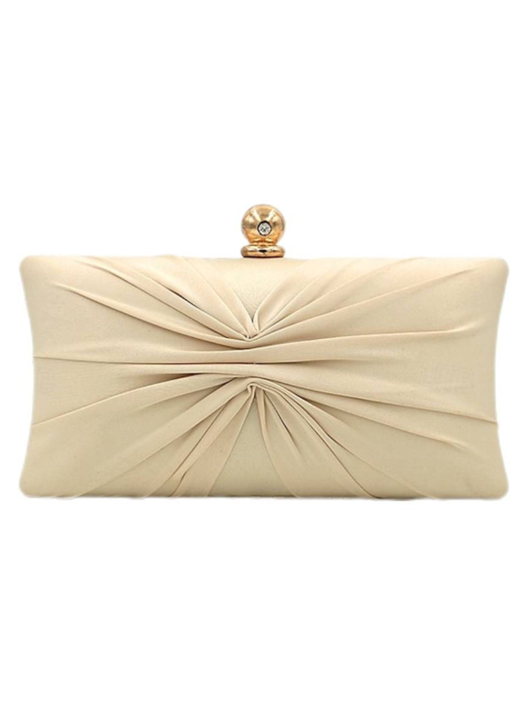 Gold Satin Ruffle Clutch with Elegant Crystal Clasp Chain