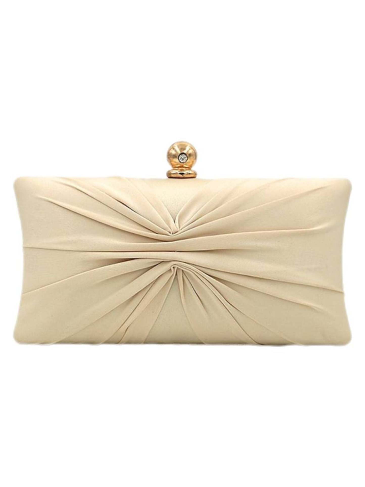 Gold Satin Ruffle Clutch with Elegant Crystal Clasp Chain