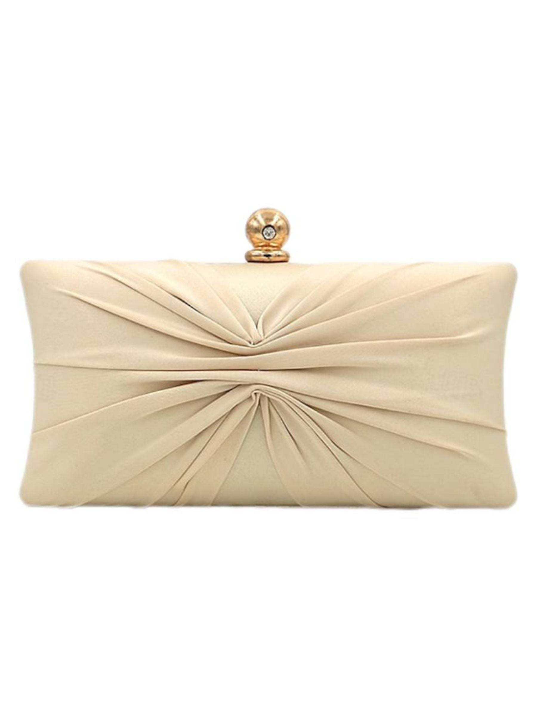 Gold Satin Ruffle Clutch with Elegant Crystal Clasp Chain
