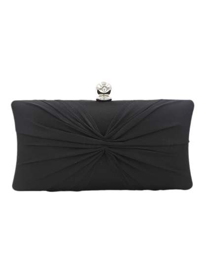 Gold Satin Ruffle Clutch with Elegant Crystal Clasp Chain