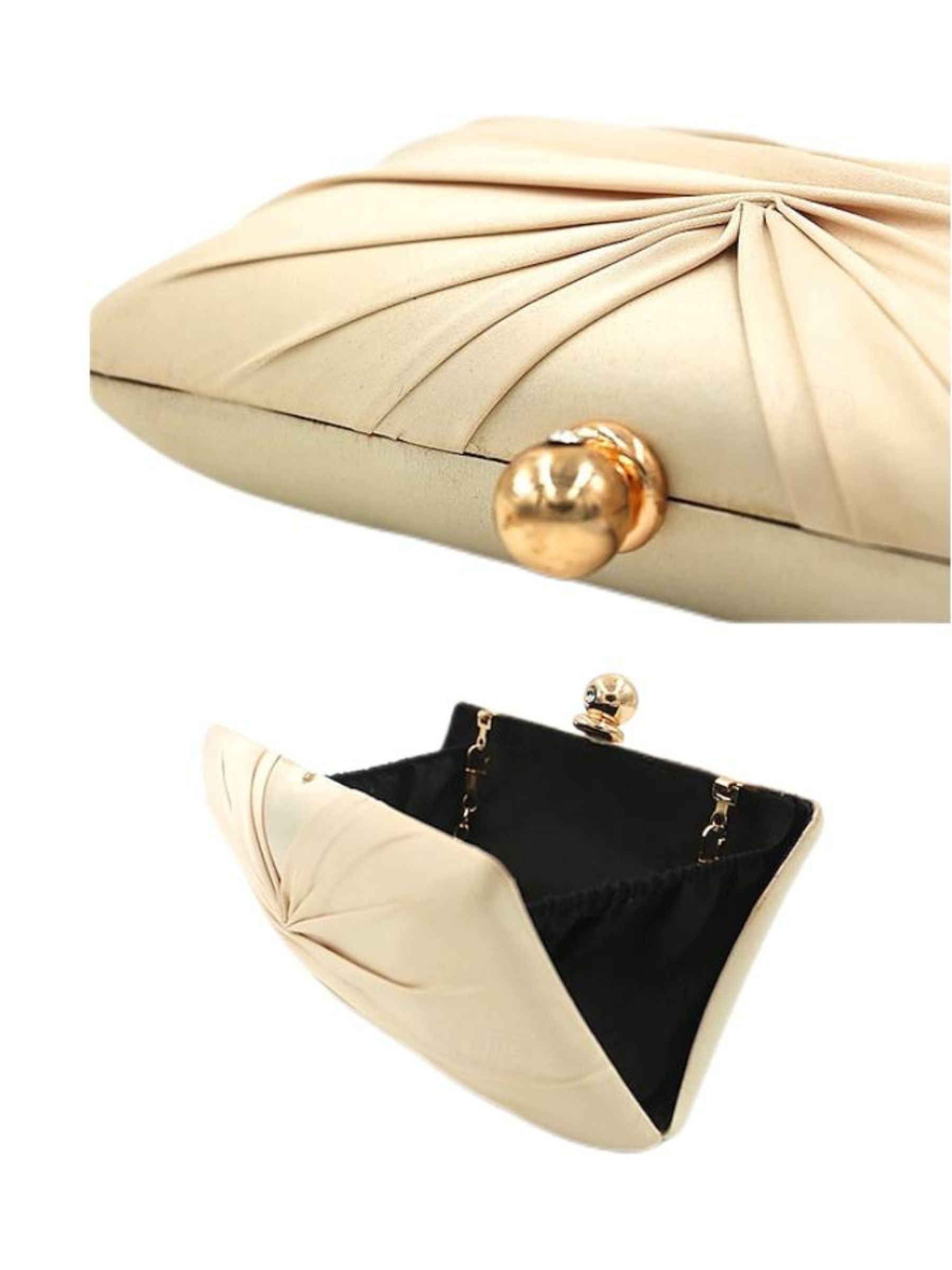 Gold Satin Ruffle Clutch with Elegant Crystal Clasp Chain