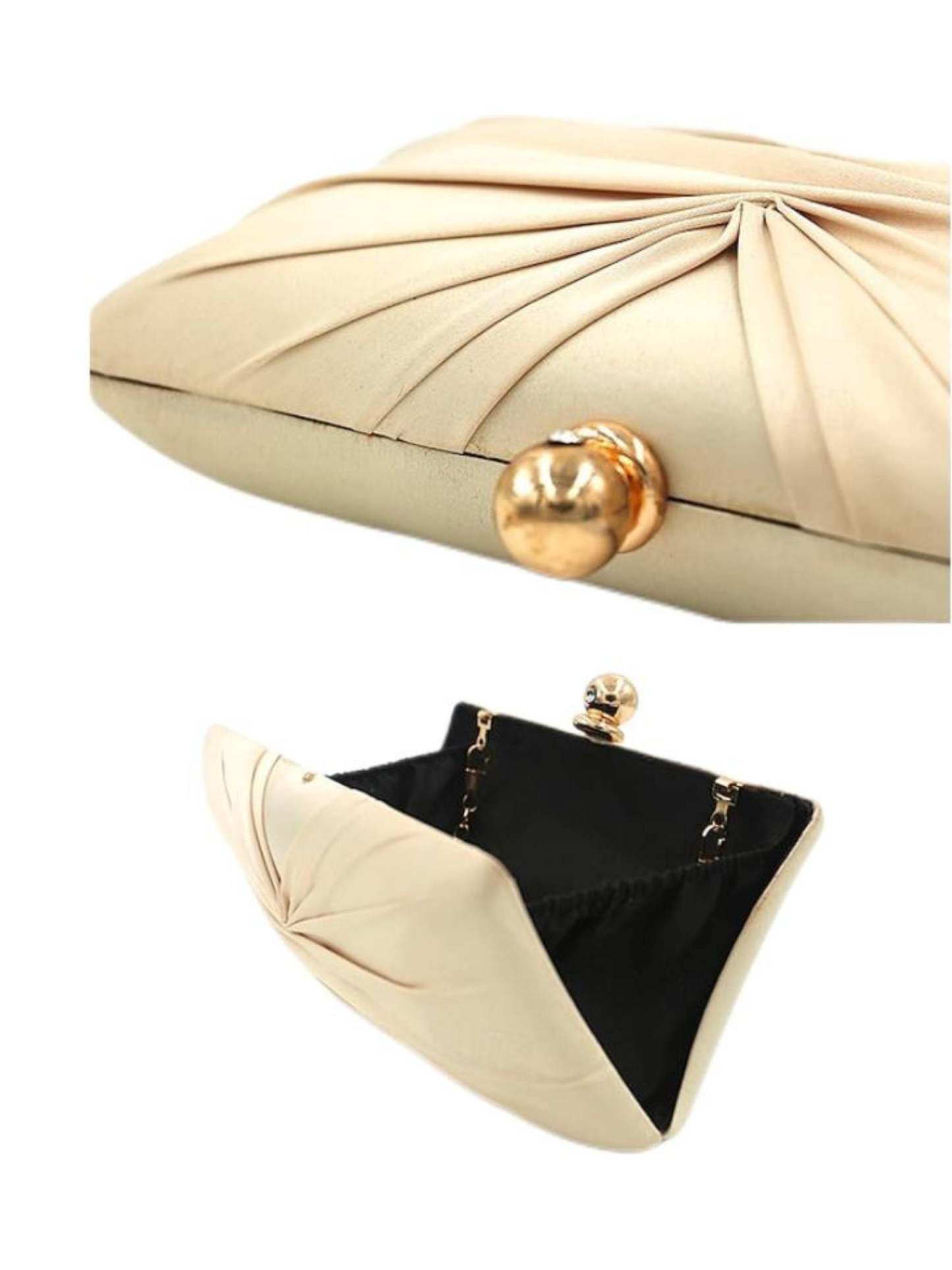 Gold Satin Ruffle Clutch with Elegant Crystal Clasp Chain