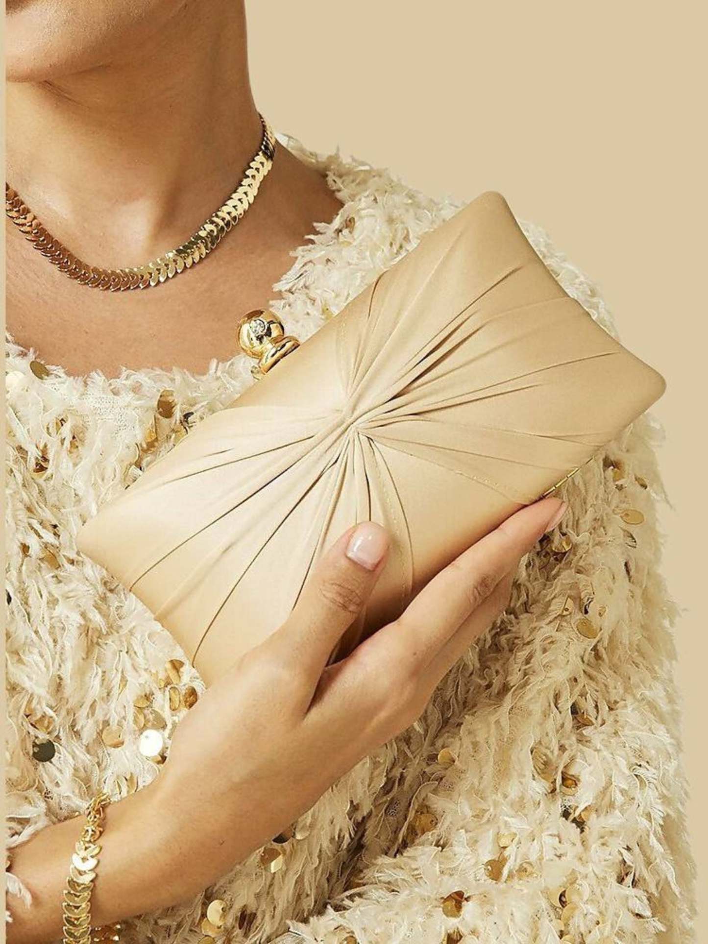 Gold Satin Ruffle Clutch with Elegant Crystal Clasp Chain