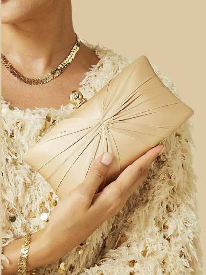 Gold Satin Ruffle Clutch with Elegant Crystal Clasp Chain