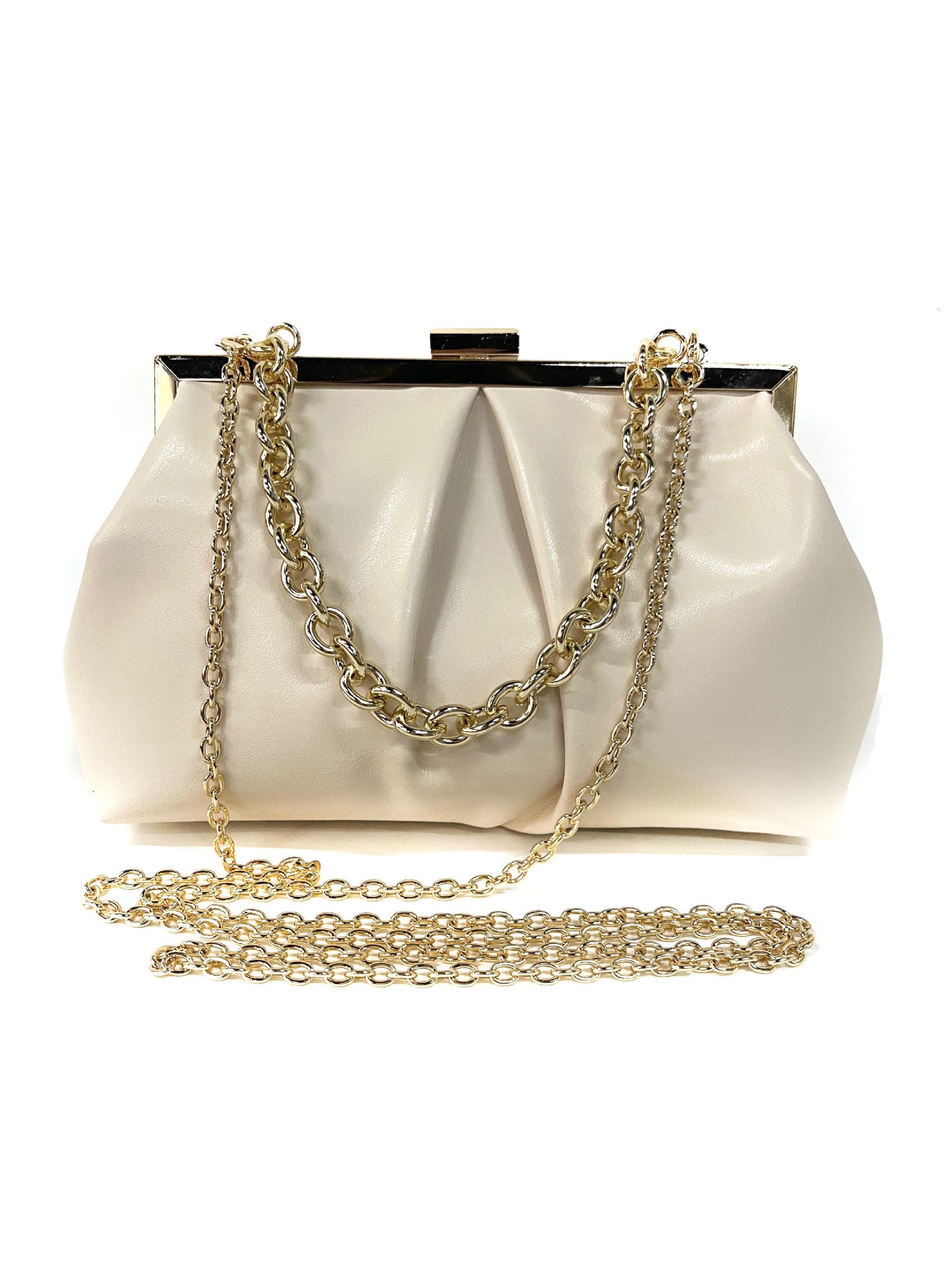 Elegant Gold Metallic Chain Bag Featuring Ruffles