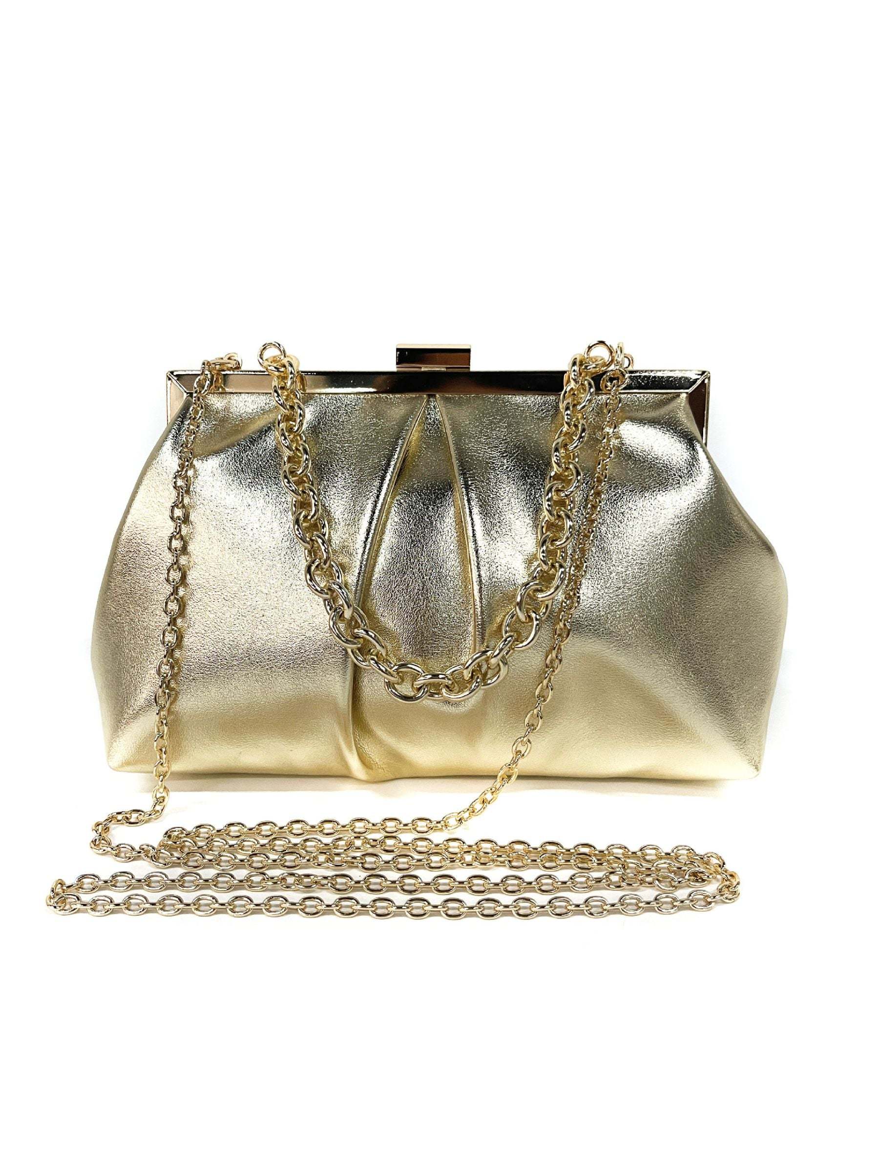 Elegant Gold Metallic Chain Bag Featuring Ruffles
