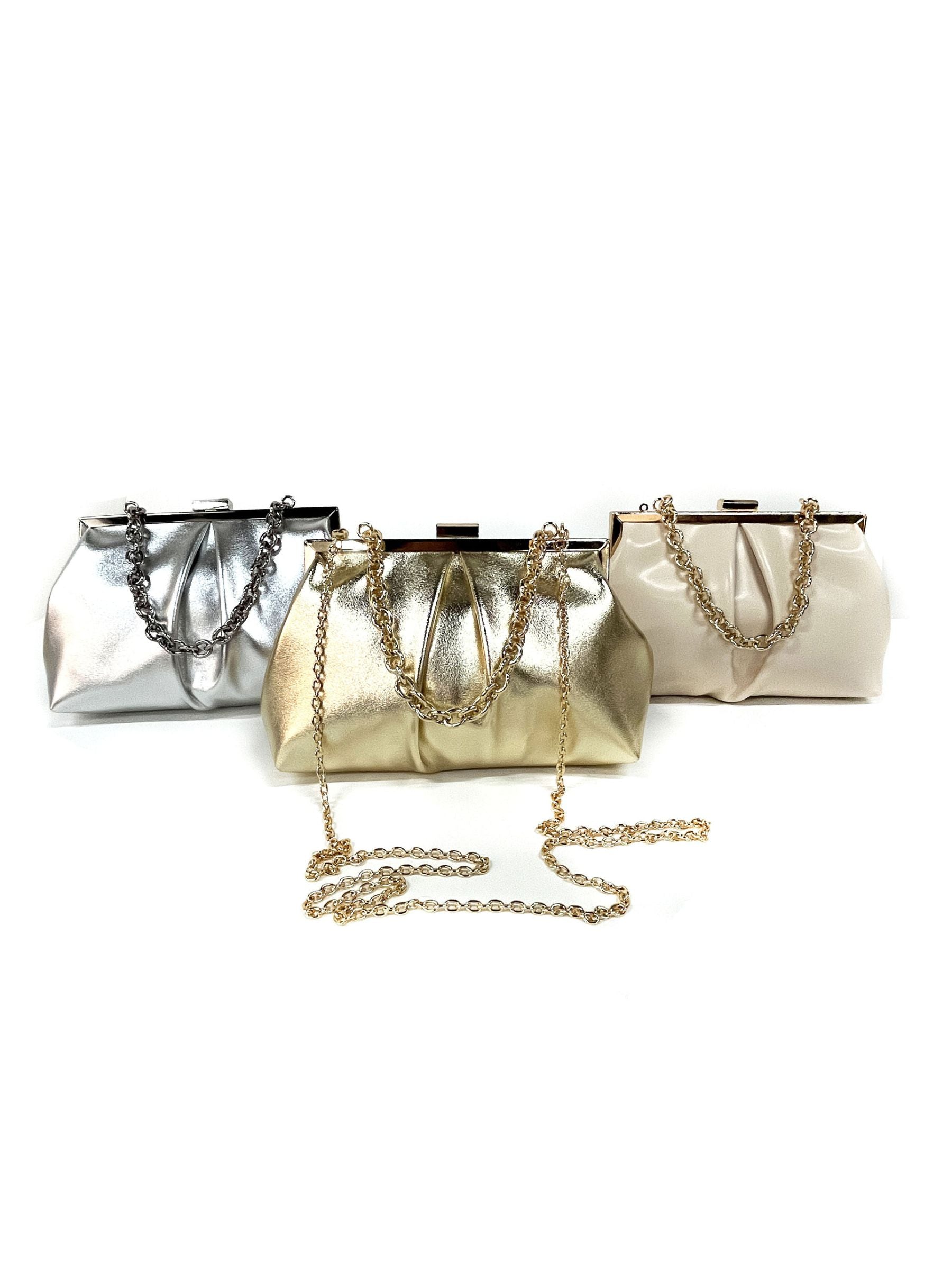 Elegant Gold Metallic Chain Bag Featuring Ruffles