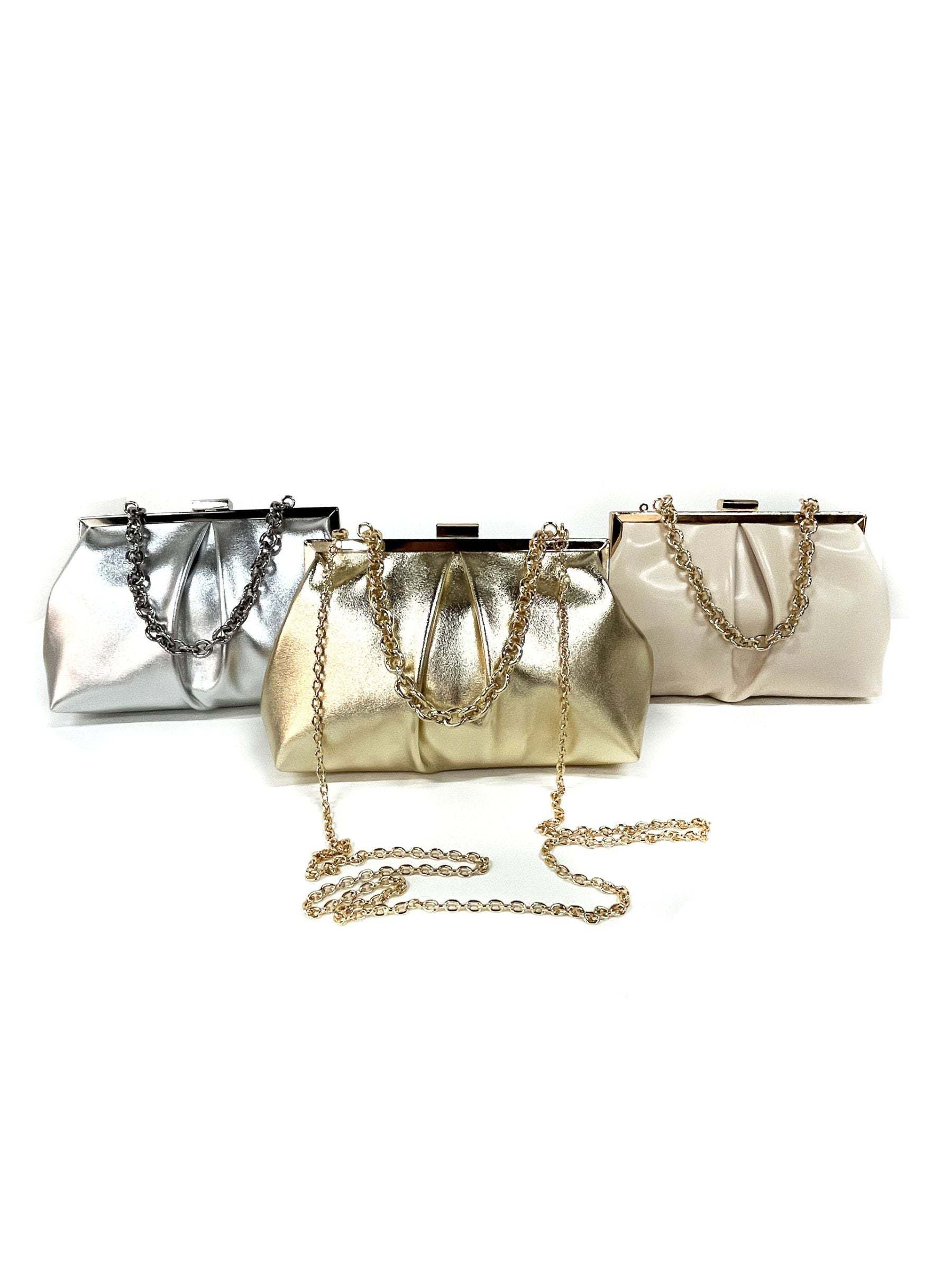 Elegant Gold Metallic Chain Bag Featuring Ruffles