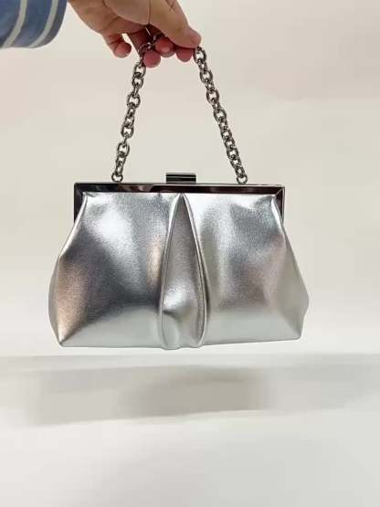 Elegant Gold Metallic Chain Bag Featuring Ruffles