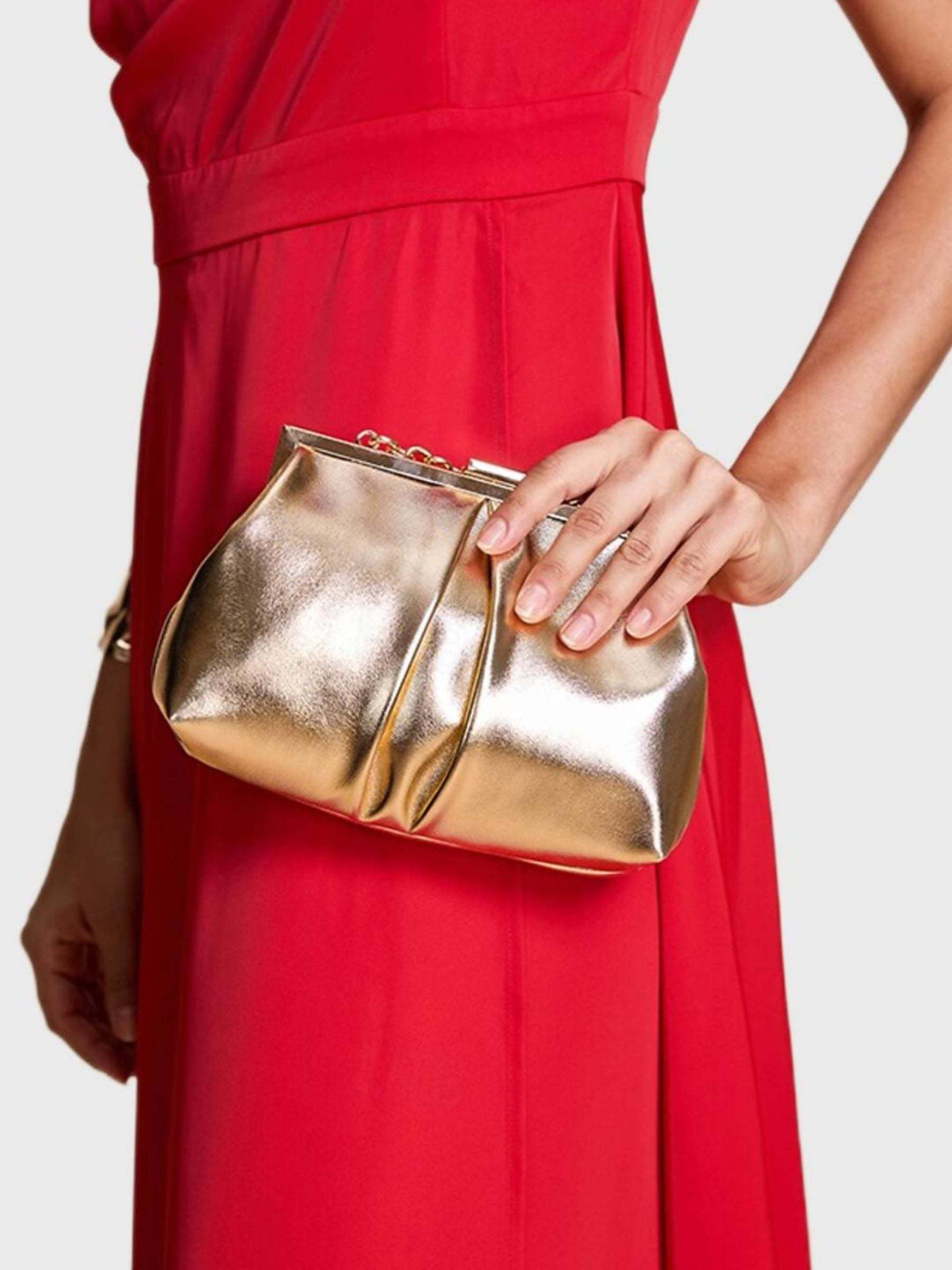 Elegant Gold Metallic Chain Bag Featuring Ruffles