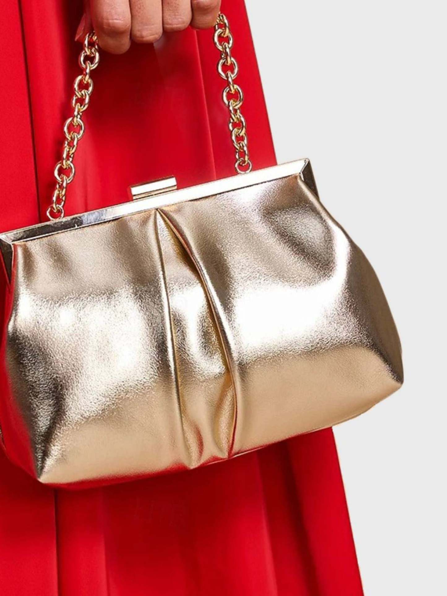 Elegant Gold Metallic Chain Bag Featuring Ruffles