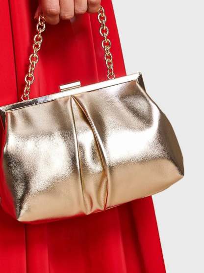 Elegant Gold Metallic Chain Bag Featuring Ruffles