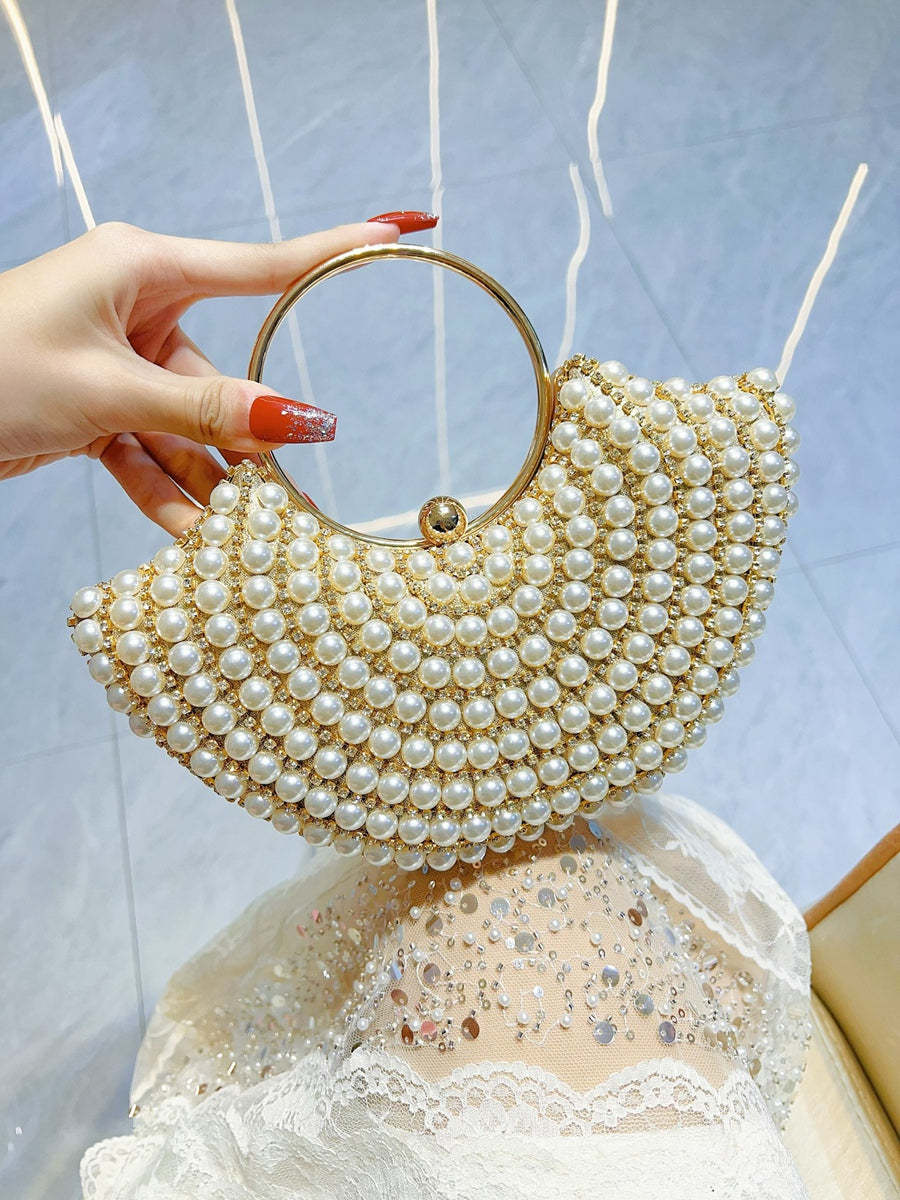 Elegant Luxury Evening Clutch Bag in Gold Sector with Rhinestone and Pearl