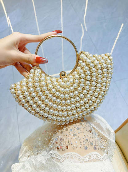 Elegant Luxury Evening Clutch Bag in Gold Sector with Rhinestone and Pearl