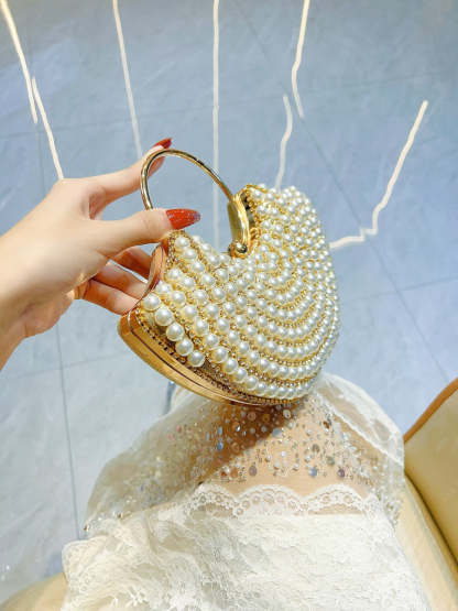 Elegant Luxury Evening Clutch Bag in Gold Sector with Rhinestone and Pearl