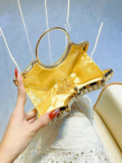 Elegant Luxury Evening Clutch Bag in Gold Sector with Rhinestone and Pearl