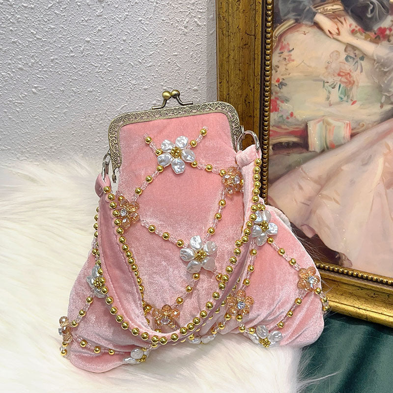 Evening Clutch Bag in Traditional Delicate Pink Velvet with Beadings and Floral Design