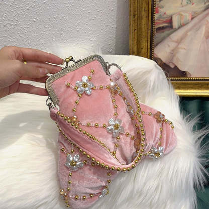 Evening Clutch Bag in Traditional Delicate Pink Velvet with Beadings and Floral Design