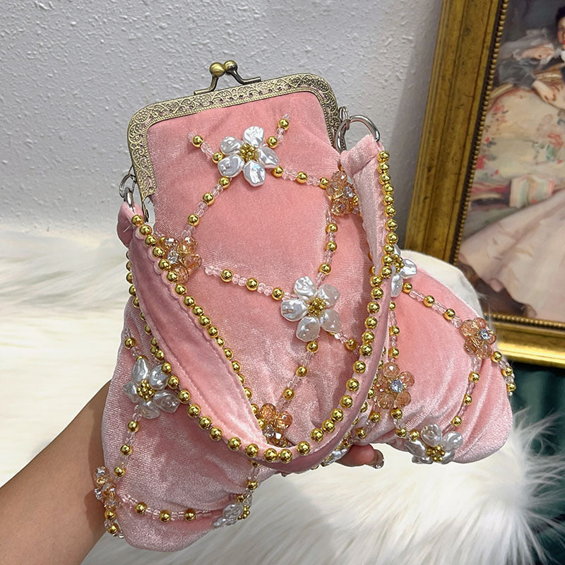 Evening Clutch Bag in Traditional Delicate Pink Velvet with Beadings and Floral Design