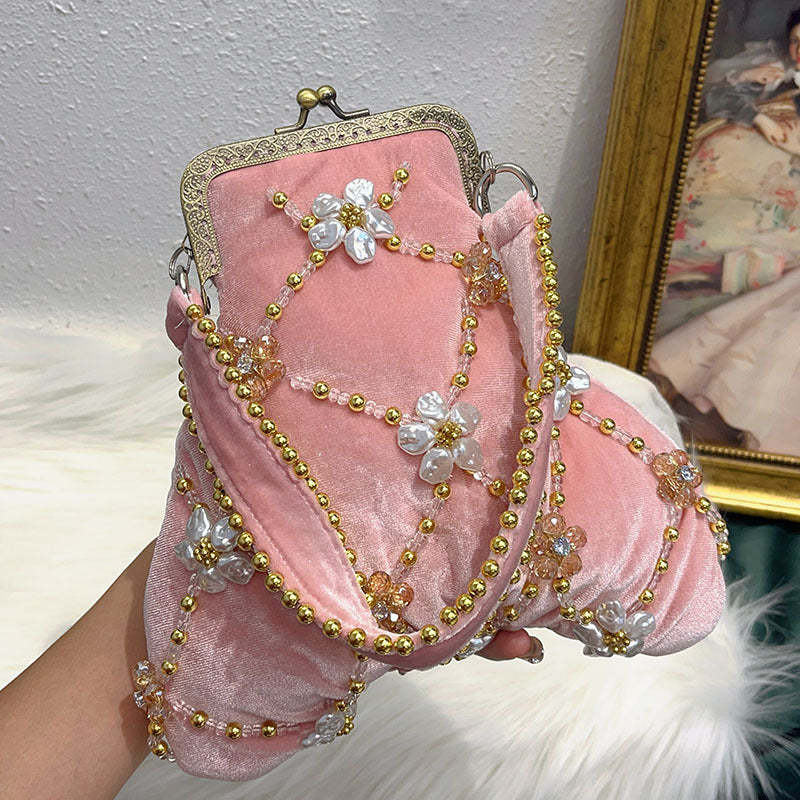 Evening Clutch Bag in Traditional Delicate Pink Velvet with Beadings and Floral Design
