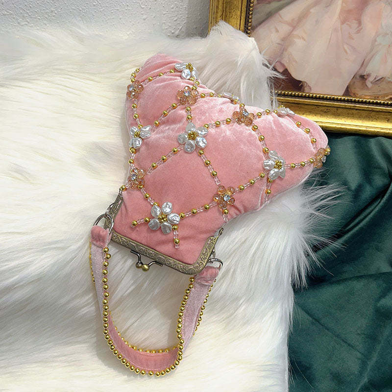 Evening Clutch Bag in Traditional Delicate Pink Velvet with Beadings and Floral Design