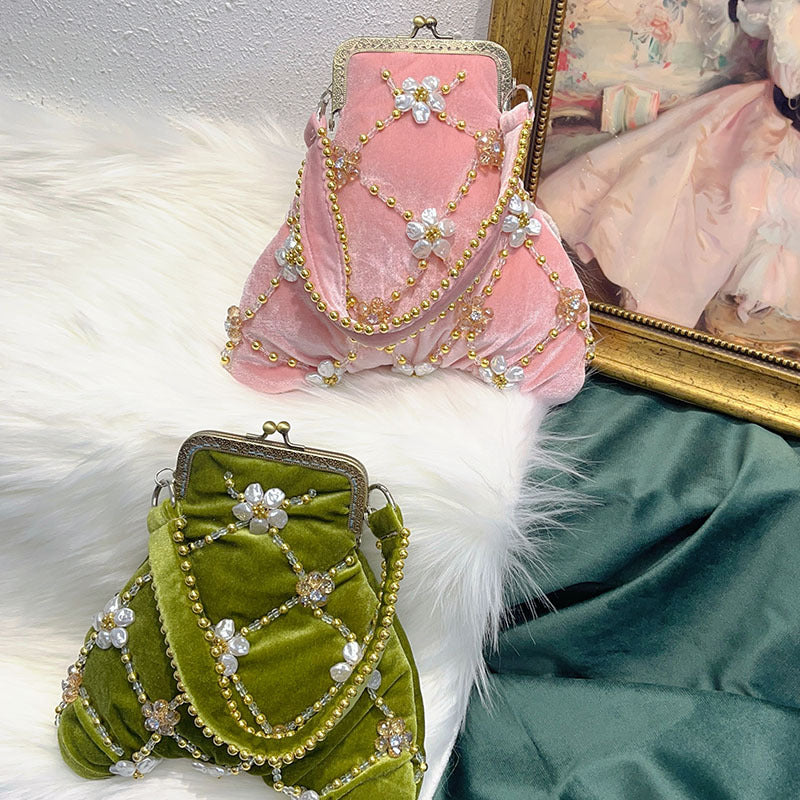 Evening Clutch Bag in Traditional Delicate Pink Velvet with Beadings and Floral Design
