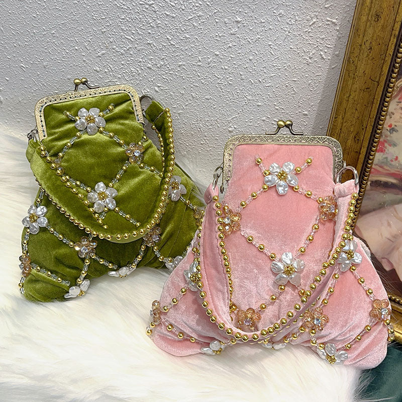 Evening Clutch Bag in Traditional Delicate Pink Velvet with Beadings and Floral Design
