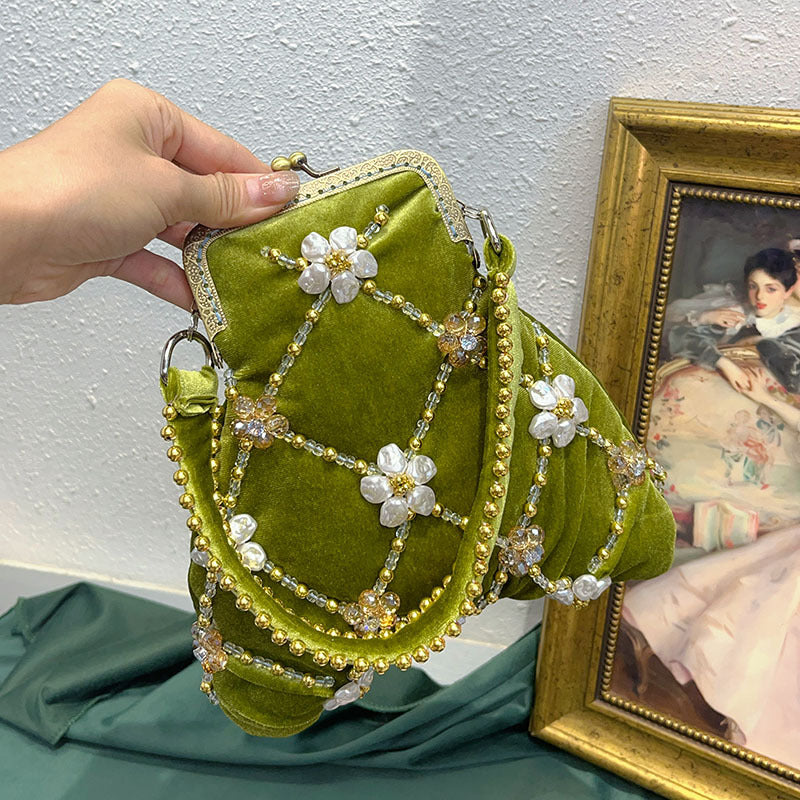 Evening Clutch Bag in Traditional Delicate Pink Velvet with Beadings and Floral Design