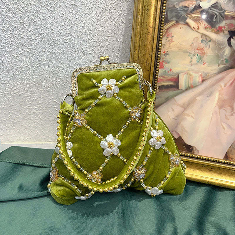 Evening Clutch Bag in Traditional Delicate Pink Velvet with Beadings and Floral Design