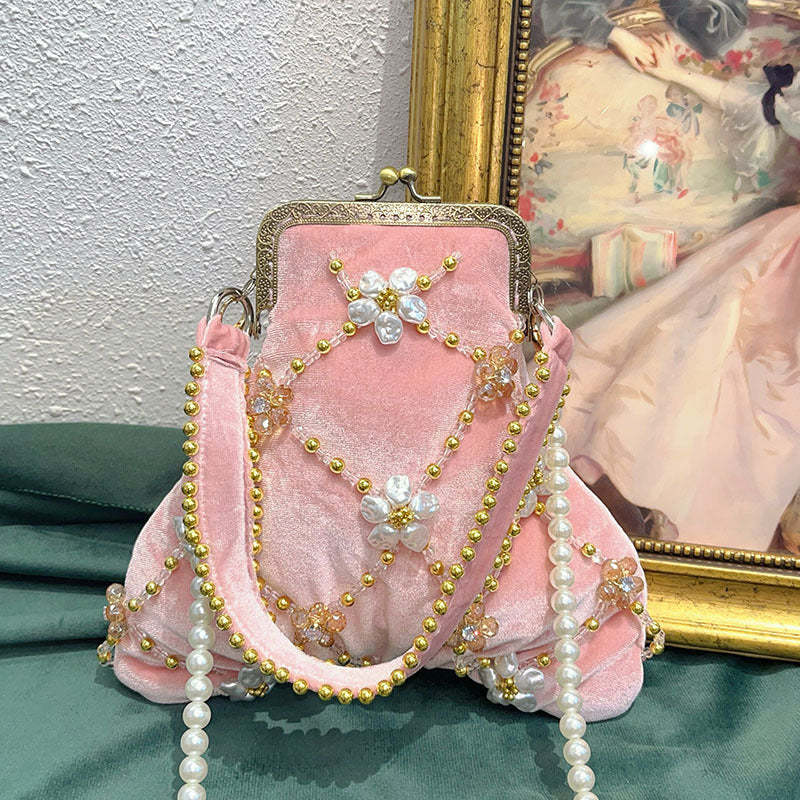 Evening Clutch Bag in Traditional Delicate Pink Velvet with Beadings and Floral Design