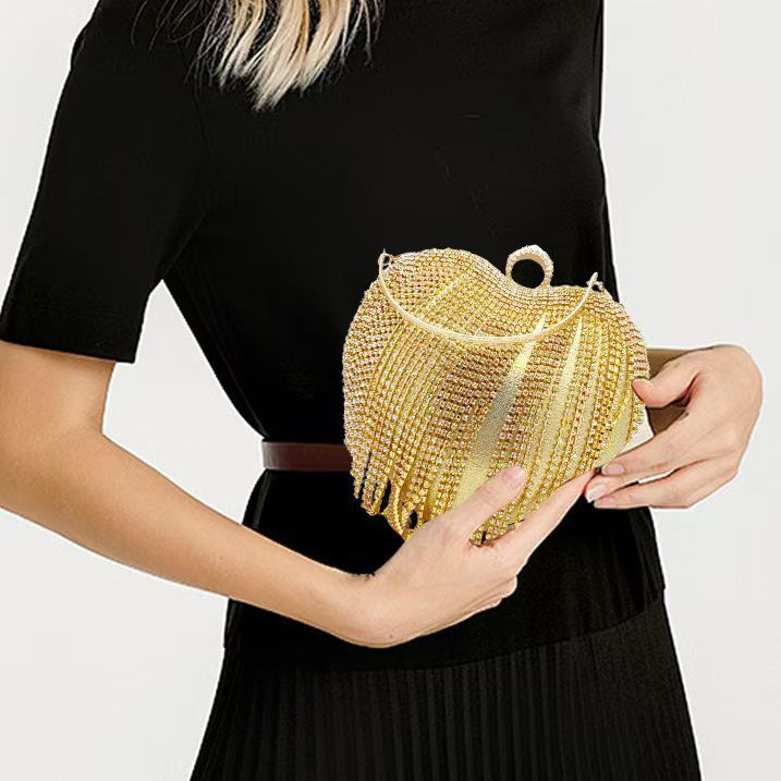 High-End Evening Clutch in Gold PU with Elegant Heart, Rhinestones & Tassels
