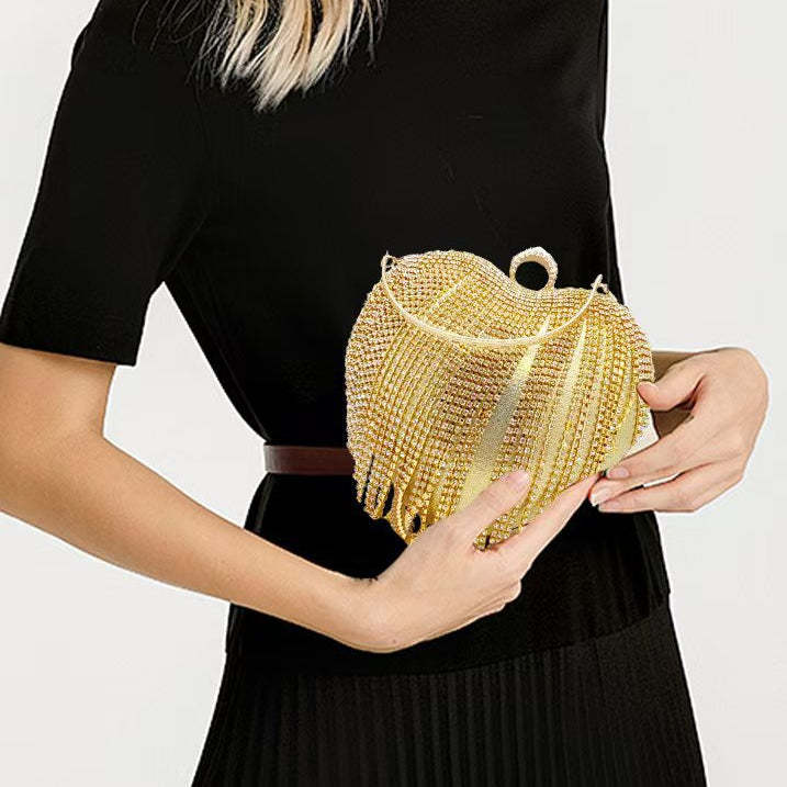 High-End Evening Clutch in Gold PU with Elegant Heart, Rhinestones & Tassels
