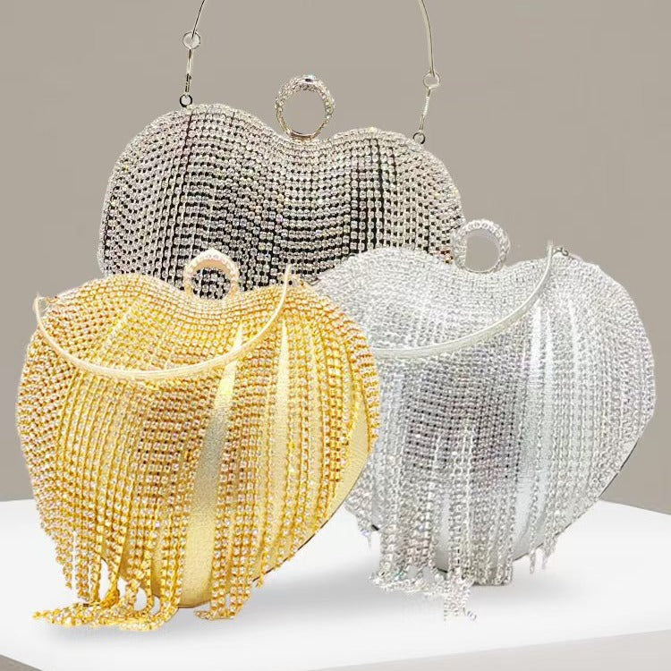High-End Evening Clutch in Gold PU with Elegant Heart, Rhinestones & Tassels