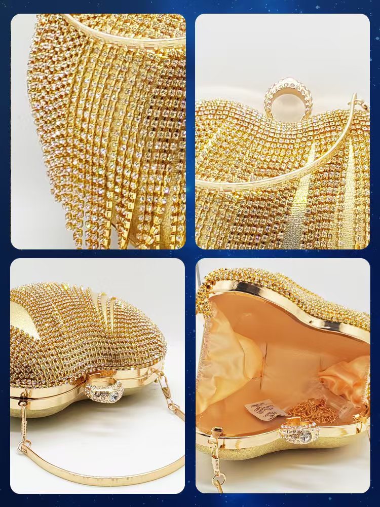 High-End Evening Clutch in Gold PU with Elegant Heart, Rhinestones & Tassels