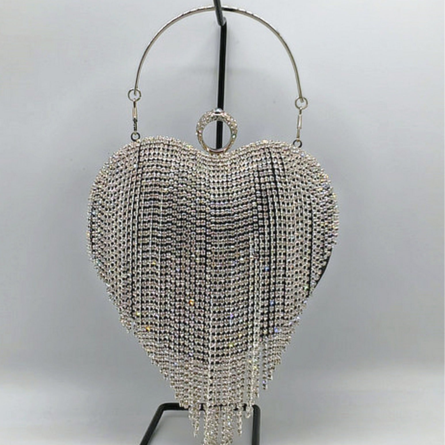 High-End Evening Clutch in Gold PU with Elegant Heart, Rhinestones & Tassels