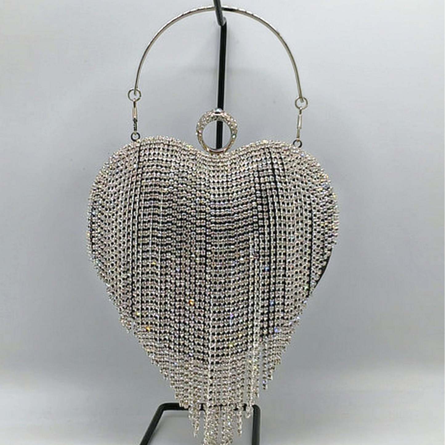 High-End Evening Clutch in Gold PU with Elegant Heart, Rhinestones & Tassels