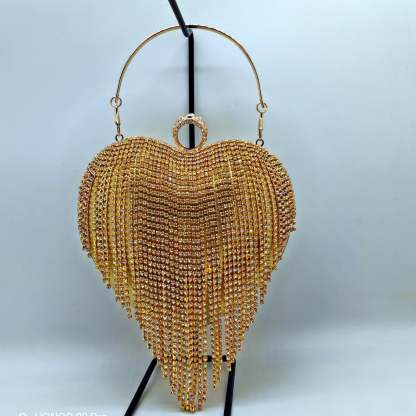 High-End Evening Clutch in Gold PU with Elegant Heart, Rhinestones & Tassels