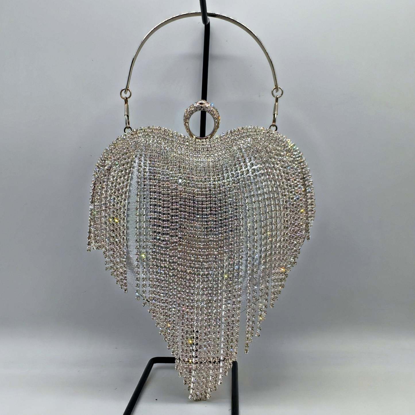 High-End Evening Clutch in Gold PU with Elegant Heart, Rhinestones & Tassels