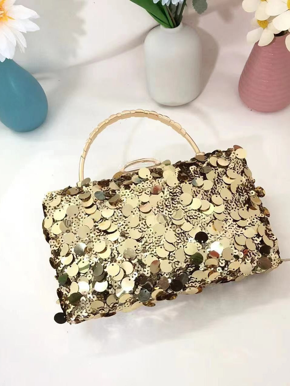 Elegant Gold Retro Evening Clutch Bag with Sequins for Weddings and Parties