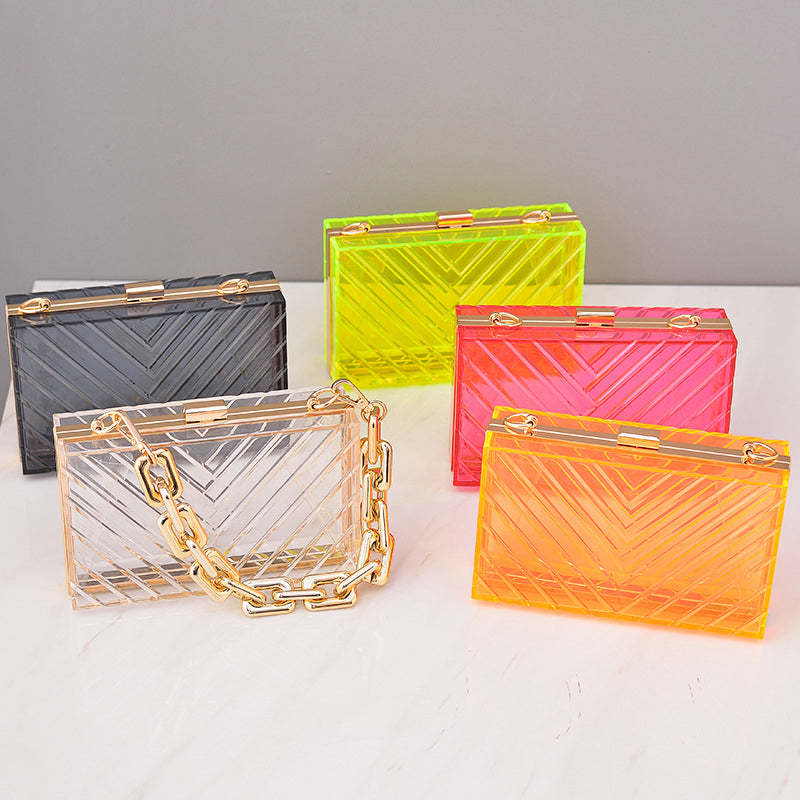 Fashionable Orange Transparent Acrylic Clutch Bag with Detachable Stripe for Daily or Wedding Use