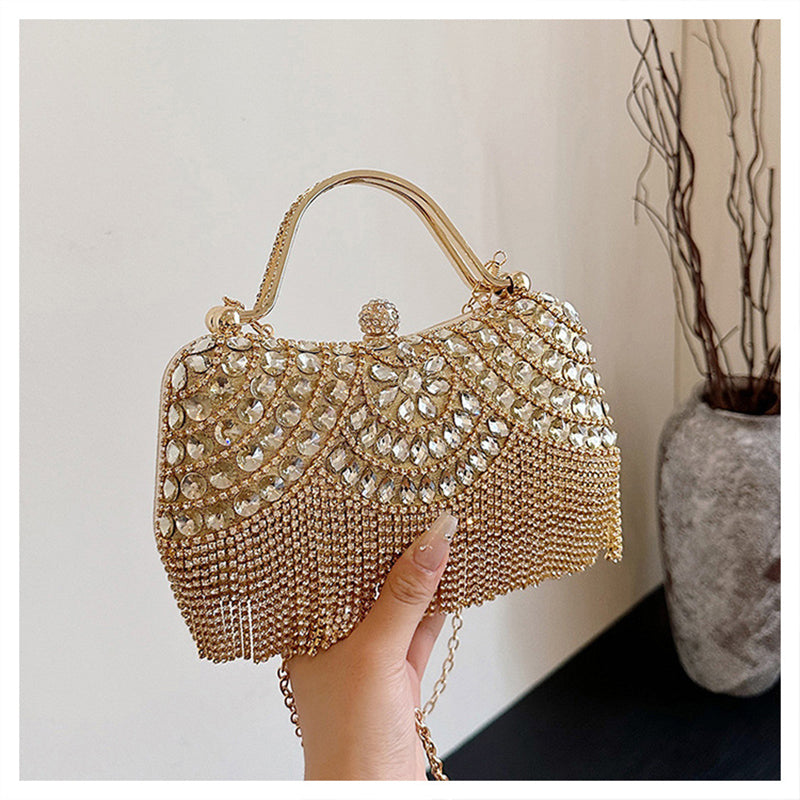 Elegant Retro Gold Clutch Bag with Rhinestone and Tassel for Daily or Wedding Use