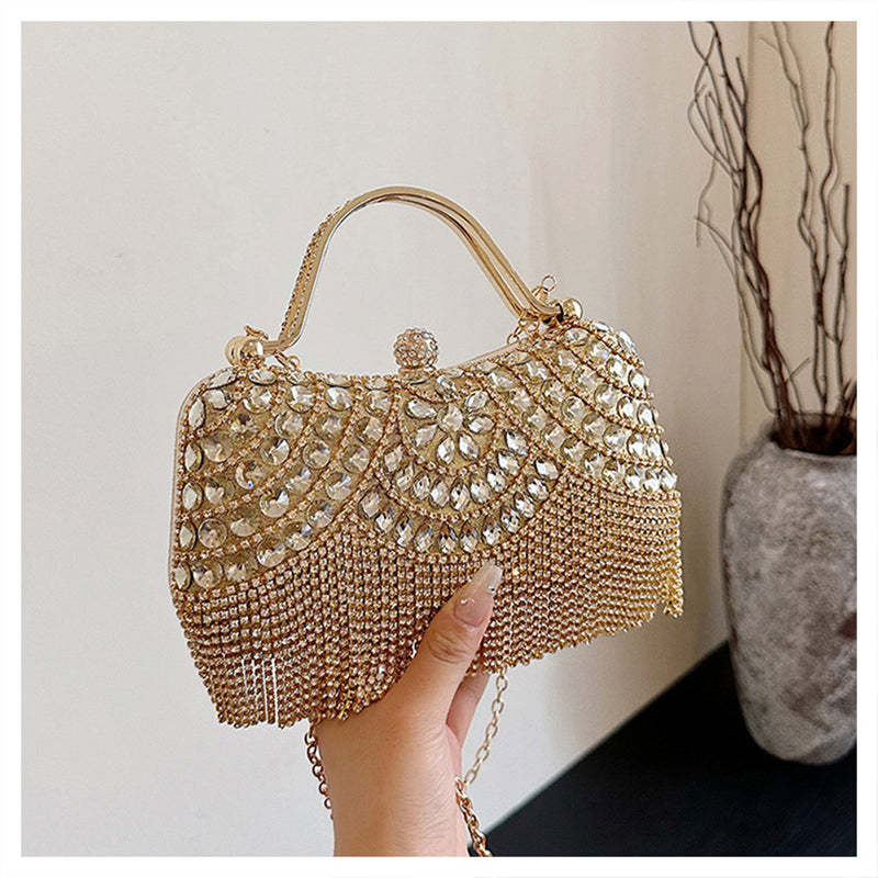 Elegant Retro Gold Clutch Bag with Rhinestone and Tassel for Daily or Wedding Use
